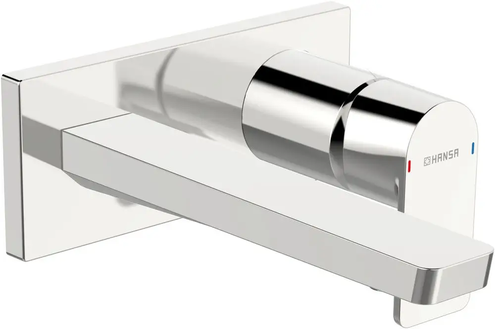 Einhebelmischer aus glänzendem Chrom mit eckiger Rosette, von der Marke HANSA, mit einer Ausladung von 214 mm. Ideal für Waschtischinstallationen.